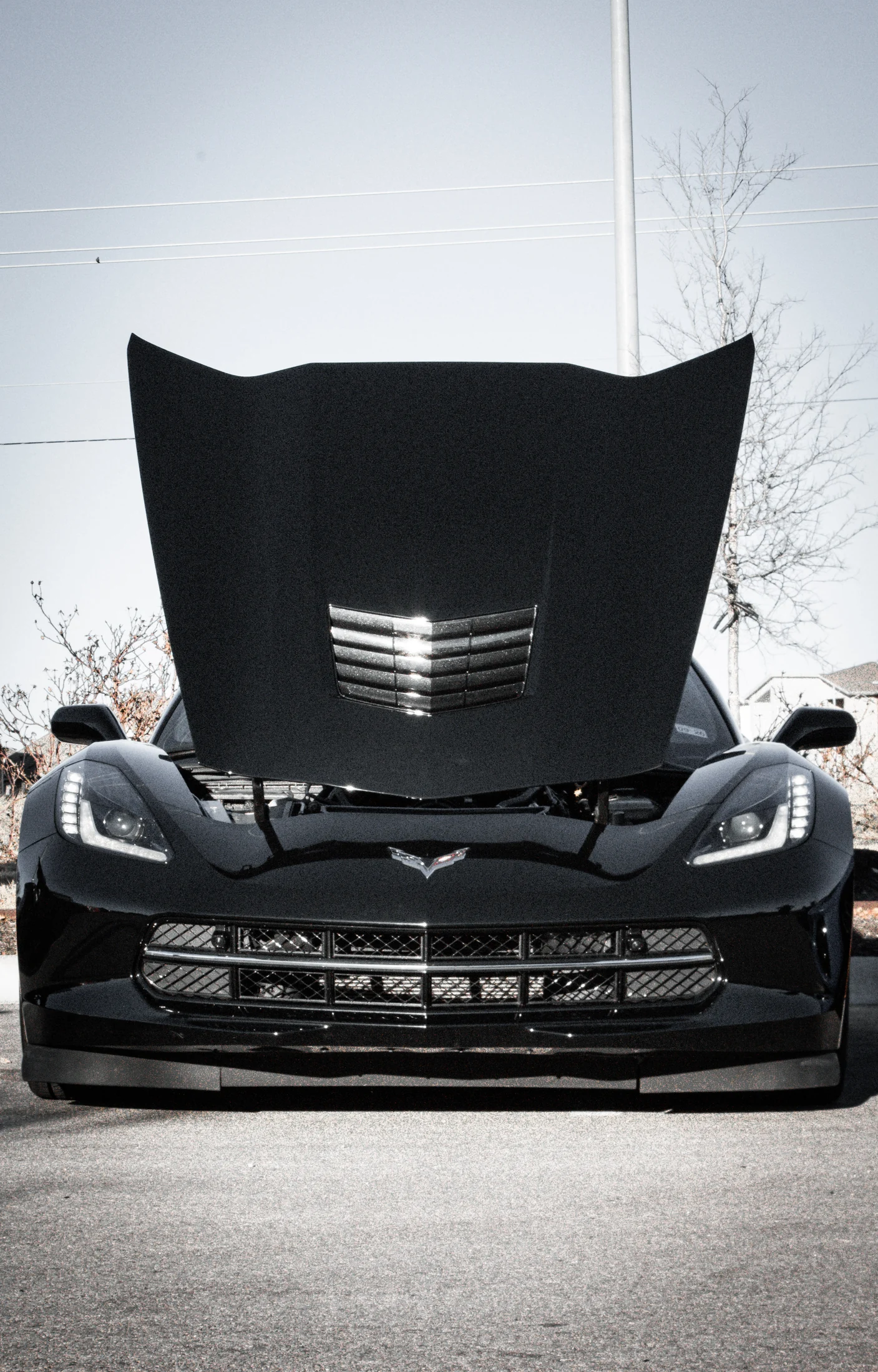 Black Corvette with its hood open